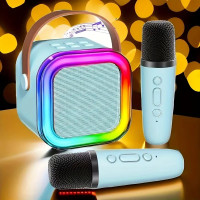 Беспроводная Bluetooth колонка с караоке, 2 микрофона, подсветка, радио, аккумуляторная портативная акустика