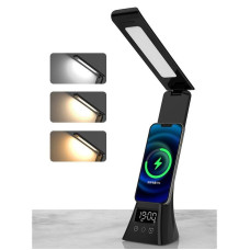 Настільна LED-лампа TYV-2088 з годинником і бездротовою зарядкою для телефона Біла