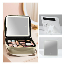 Сумка-органайзер для косметики с зеркалом и LED подсветкой, бежевая