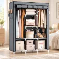 Тканинна складана шафа Storage Wardrobe 88130 на 3 секції та 8 полиць, сіра
