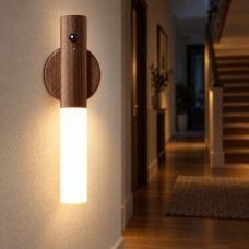 Акумуляторний нічник W-52 з датчиком руху, 4 LED, USB-заряджанням і дерев’яною підставкою